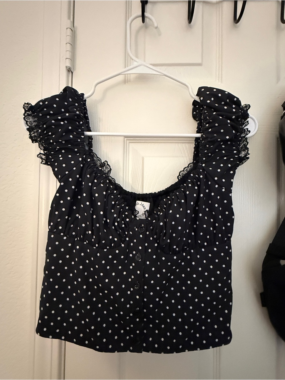 With Jean Black Polka Dot Ruffle Sleeve Square Neck Crop Top